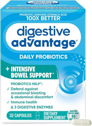 Intensive Bowel Support Probiotic Supplement - Digestive Advantage 32 Capsules, defends against gas, bloating, abdominal discomfort, Survives 100x Better in Kuwait