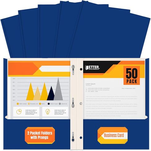 Better Office Products Black Paper 2 Pocket Folders with Prongs, 50 Pack, Matte Texture, Letter Size Paper Folders, 50 Pack, with 3 Metal Prong Fastener Clips, Black in Saudi Arabia