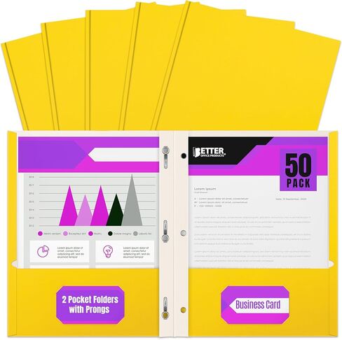 Better Office Products Black Paper 2 Pocket Folders with Prongs, 50 Pack, Matte Texture, Letter Size Paper Folders, 50 Pack, with 3 Metal Prong Fastener Clips, Black in Saudi Arabia