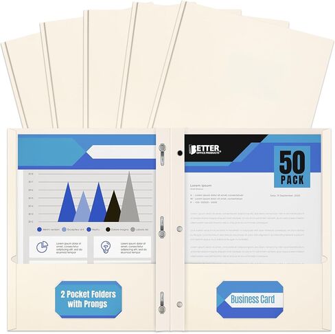 Better Office Products Black Paper 2 Pocket Folders with Prongs, 50 Pack, Matte Texture, Letter Size Paper Folders, 50 Pack, with 3 Metal Prong Fastener Clips, Black in Saudi Arabia