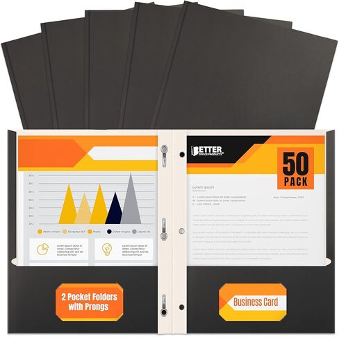 Better Office Products Black Paper 2 Pocket Folders with Prongs, 50 Pack, Matte Texture, Letter Size Paper Folders, 50 Pack, with 3 Metal Prong Fastener Clips, Black in Kuwait