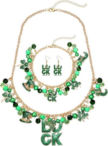 MOLOCH St.Patrick's Day Jewelry Set for Women Green Leaf LUCK Pendant Necklace Beaded Charm Bracelets Glitter Shamrock Dangle Earrings Irish Holiday Gifts in Saudi Arabia