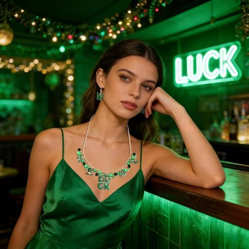 MOLOCH St.Patrick's Day Jewelry Set for Women Green Leaf LUCK Pendant Necklace Beaded Charm Bracelets Glitter Shamrock Dangle Earrings Irish Holiday Gifts in Saudi Arabia
