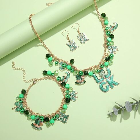 MOLOCH St.Patrick's Day Jewelry Set for Women Green Leaf LUCK Pendant Necklace Beaded Charm Bracelets Glitter Shamrock Dangle Earrings Irish Holiday Gifts in Saudi Arabia