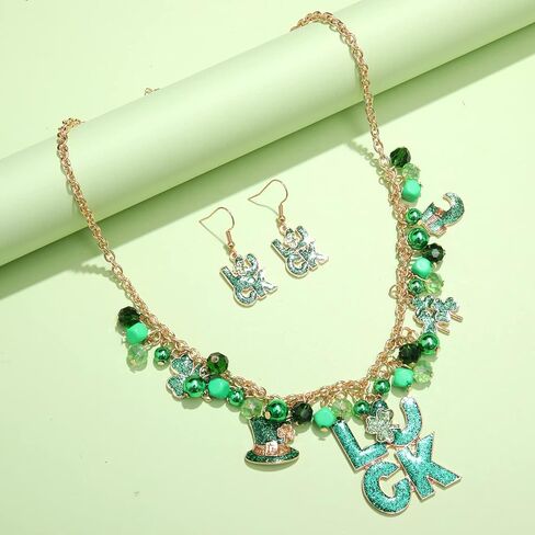 MOLOCH St.Patrick's Day Jewelry Set for Women Green Leaf LUCK Pendant Necklace Beaded Charm Bracelets Glitter Shamrock Dangle Earrings Irish Holiday Gifts in Saudi Arabia