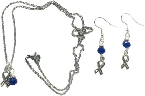 Cobalt Colon or Colorectal Cancer Survivor Supporter Ribbon Necklace & Earring Set in Kuwait