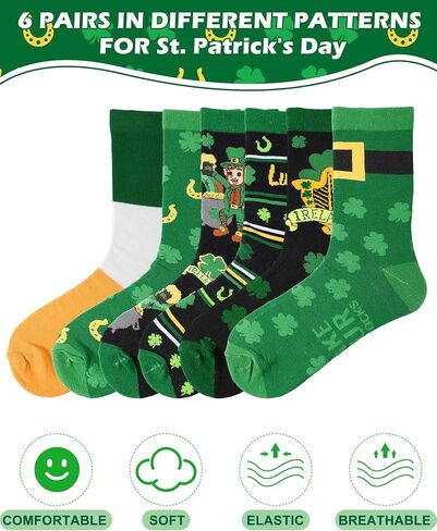 Eurzom 6 Pairs Men's St. Patrick's Day Socks Novelty Green Irish Shamrock Socks for Holiday Gifts, Men Shoe Size 7-12 in Saudi Arabia