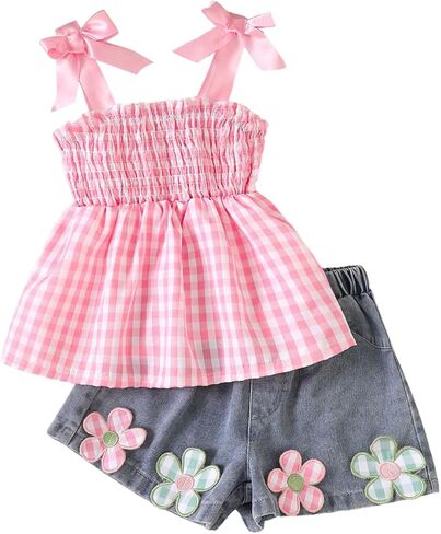Verdusa Girl's 2 Piece Cute Summer Set Gingham Bow Shirred Sleeveless Peplum Tops with Floral Jean Shorts Vacation Sets in Saudi Arabia