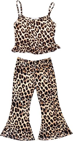 Daisy Del Sol Girls Printed Ruffle Peplum Tank Top with Matching Bell Bottom Flare Pants Co Ord 2-Piece Outfit Set in Saudi Arabia