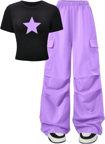 Milumia Girl's 2 Piece Outfits Star Graphic Short Sleeve Tee Top Baggy Cargo Pants Sets Streetwear in Saudi Arabia