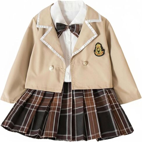 WDIRARA Girl's 3 Piece Outfits Uniform Blazer Plaid Pleated Mini Skirt Set with Bow Tie Preppy Outfits in Saudi Arabia