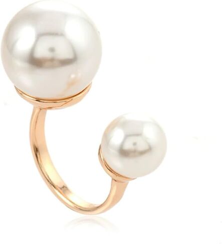 Double Shell Pearl Statement Ring for Women Gold Plated Fashion Adjustable Engagement Promise Big Balls Open Wrap Finger Rings Comfort Fit Wedding Halloween Christmas Jewelry Size 8 in Saudi Arabia