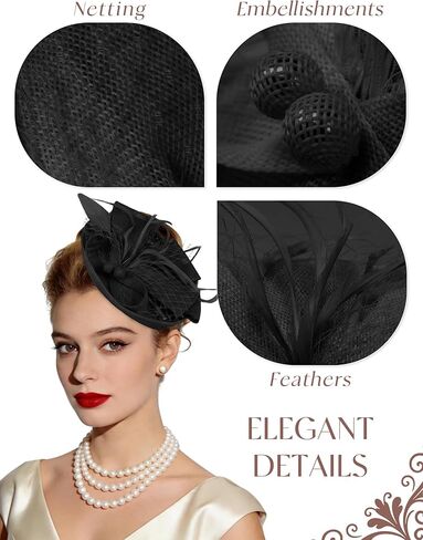 قبعات النساء الرائعة لحفلات الشاي وعصابة رأس ومشبك الشعر وقبعة من الريش لحفلات الزفاف وحفلات الكوكتيل باللون الأسود in Kuwait