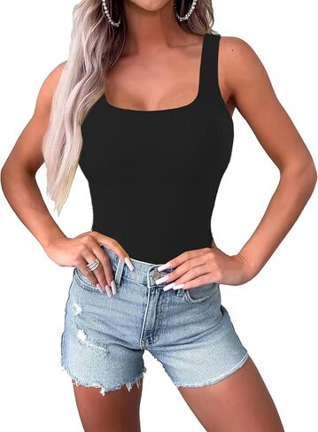 Women's Sleeveless Bodysuits Sexy Ribbed Seamless Square Neck Tank Tops 2025 Trendy Outfits One Piece in Saudi Arabia