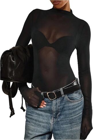 SweatyRocks Women's Mesh Long Sleeve Bodysuits Mock Neck Sheer Leotards Bodysuit Top in Saudi Arabia