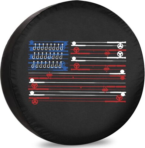 غطاء إطار احتياطي لقضبان الصيد بعلم أمريكي أغطية إطارات RV مقاومة للطقس والغبار عالمية لمقطورة سيارات الدفع الرباعي ومخيم السفر 12 بوصة 13 بوصة 14 بوصة 15 بوصة 16 بوصة 17 بوصة in Kuwait