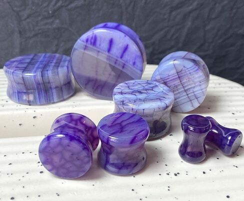 PAIR of Unique Purple Dragons Vein Agate Organic Stone Double Flare Plugs - Gauges - Body Jewelry in Saudi Arabia