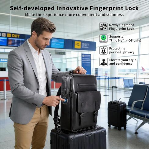 حقيبة ظهر جلدية بقفل بصمة الإصبع للرجال مع جهاز تتبع مضاد للفقدان - حقيبة من الجلد الطبيعي للسفر للعمل والتنقل اليومي، حقيبة كمبيوتر محمول مع غطاء مغناطيسي وجيوب متعددة، هدية للرجال in Kuwait