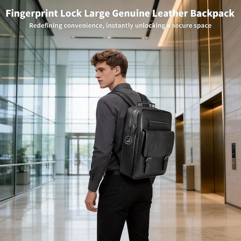 حقيبة ظهر جلدية بقفل بصمة الإصبع للرجال مع جهاز تتبع مضاد للفقدان - حقيبة من الجلد الطبيعي للسفر للعمل والتنقل اليومي، حقيبة كمبيوتر محمول مع غطاء مغناطيسي وجيوب متعددة، هدية للرجال in Kuwait
