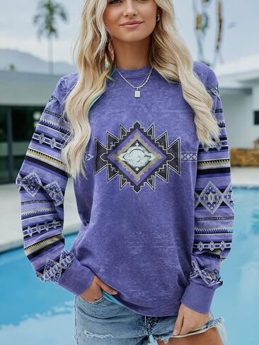 طباعة المرأة Crewneck البلوز راجلان كم طويل عارضة البلوز قمم الأزرق in Saudi Arabia