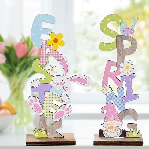 علامات تزيين طاولة عيد الفصح - زخارف أرنب خشبية تماثيل عائلية قطع مركزية - عطلة الربيع وحفلة عيد الفصح في الأماكن المغلقة لحديقة طاولة القهوة وديكور المنزل in Kuwait