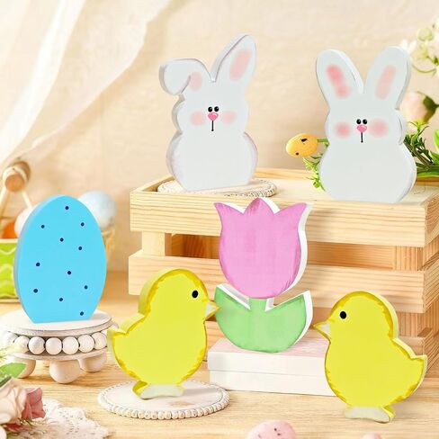 Easter Decorations,6 Pcs Bunny Decor Desk Decor Wooden Box Sign Easter Gift Wood Block Plaque Box Sign for Home Farmhouse Kitchen Bathroom Shelf Table Decoration in Saudi Arabia