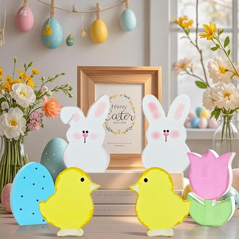 Easter Decorations,6 Pcs Bunny Decor Desk Decor Wooden Box Sign Easter Gift Wood Block Plaque Box Sign for Home Farmhouse Kitchen Bathroom Shelf Table Decoration in Saudi Arabia