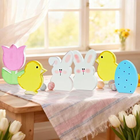 Easter Decorations,6 Pcs Bunny Decor Desk Decor Wooden Box Sign Easter Gift Wood Block Plaque Box Sign for Home Farmhouse Kitchen Bathroom Shelf Table Decoration in Saudi Arabia