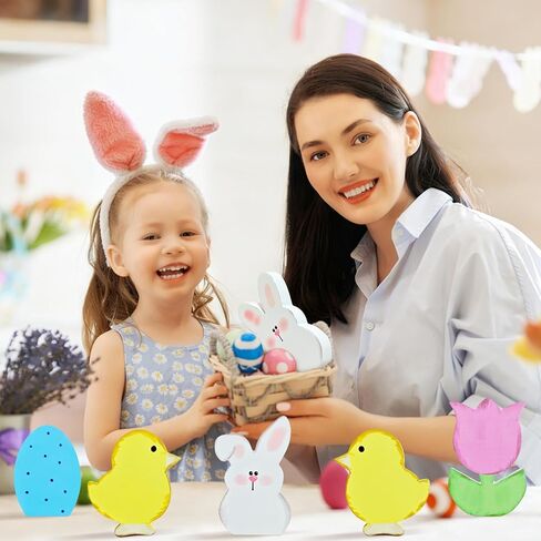 Easter Decorations,6 Pcs Bunny Decor Desk Decor Wooden Box Sign Easter Gift Wood Block Plaque Box Sign for Home Farmhouse Kitchen Bathroom Shelf Table Decoration in Saudi Arabia
