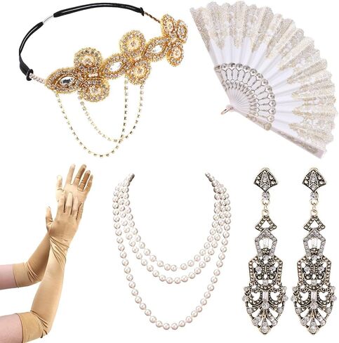 مجموعة إكسسوارات فلابر من عشرينيات القرن العشرين، تتضمن إكسسوارات فلابر عصابة رأس وقلادة من اللؤلؤ وقفازات قابلة للطي للنساء وحفلات جاتسبي شامبانيا in Kuwait