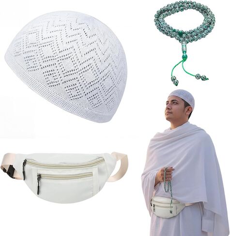 Cuffbow 3 Pcs Ihram Essentials Set for Men's Hajj and Umrah Haji Waist Belt Kufi Hat with Tasbeeh Islamic Men's Ihram for Umrah Hajj Essentials in Saudi Arabia