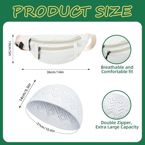 Cuffbow 3 Pcs Ihram Essentials Set for Men's Hajj and Umrah Haji Waist Belt Kufi Hat with Tasbeeh Islamic Men's Ihram for Umrah Hajj Essentials in Saudi Arabia
