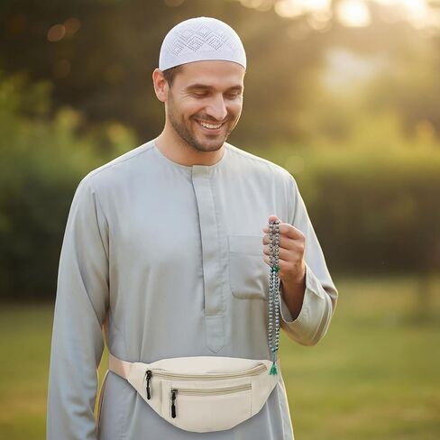 Cuffbow 3 Pcs Ihram Essentials Set for Men's Hajj and Umrah Haji Waist Belt Kufi Hat with Tasbeeh Islamic Men's Ihram for Umrah Hajj Essentials in Saudi Arabia