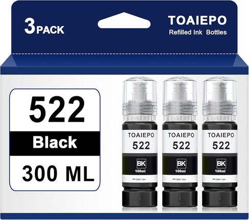 استبدال زجاجة حبر أسود 522 لاستخدام حبر Epson T522 مع طابعة EcoTank ET-2803، ET-2720، ET-2800، ET-4800، ET-2710، ET-4700، حبر أسود معبأ في زجاجات سعة 300 مل in Kuwait