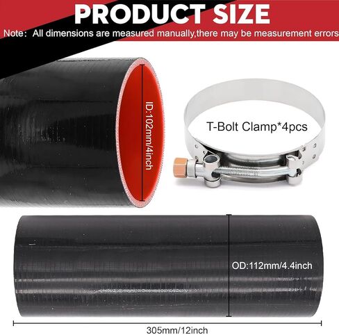 وصلة مستقيمة 4 بوصة (102 مم) خرطوم سيليكون 4 طبقات تقوية 5 مم سمك 12 بوصة طول، 4 × 12 أنبوب تبريد داخلي مدخل هواء أنبوب توربو مع 4 قطع مشابك من الفولاذ المقاوم للصدأ على شكل حرف T in Kuwait