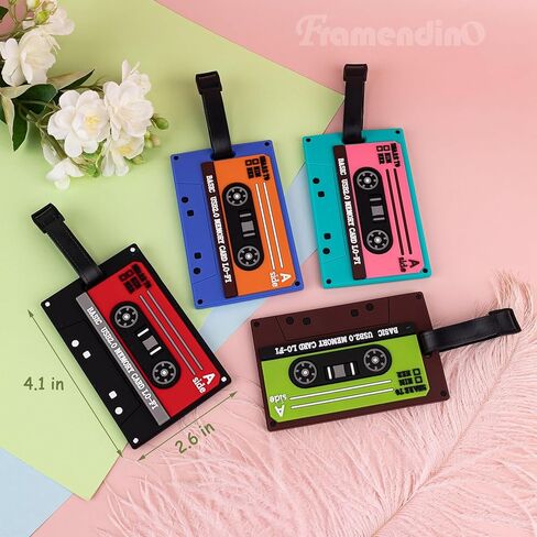 Framendino, 4 Pack Funny Silicone Luggage Tags for Suitcases Women Retro Cassette Tape Travel Tags ID Label in Saudi Arabia