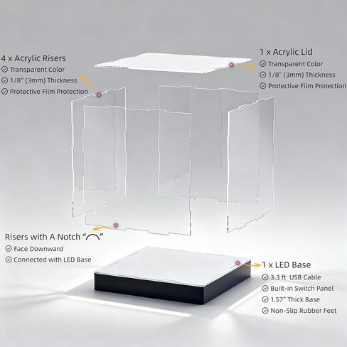 حافظة عرض أكريليك مضيئة مع مصابيح LED RGBW، تعمل بمنفذ USB مع لوحة مفاتيح وتحكم في التطبيق، صندوق عرض شفاف قابل للتجميع للأشكال والدمى والمقتنيات والألعاب، مقاس 10 × 10 × 14 بوصة in Kuwait