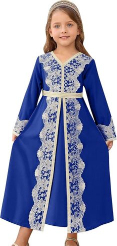 IDOPIP Muslim Dress for Girls Islamic Prayer Abaya Embroidery Long Sleeve Kaftan Robe Dresses with Belt Ramadan Dubai Outfits in Saudi Arabia