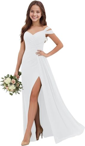 Off Shoulder Junior Bridesmaid Dresses Pleated Chiffon Flower Girl Dress for Wedding V-Neck Girls Formal Dresses in Saudi Arabia