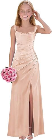 Satin Flower Girl Dress for Teens Junior Bridesmaid Dresses Slit Cowl Neck Pleated Formal Prom Evening Gown in Saudi Arabia