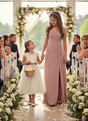Off Shoulder Junior Bridesmaid Dresses Pleated Chiffon Flower Girl Dress for Wedding V-Neck Girls Formal Dresses in Saudi Arabia