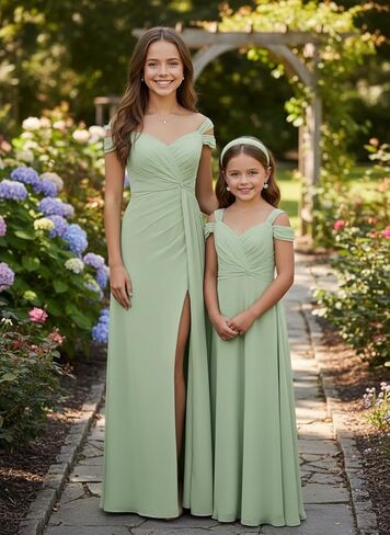 Off Shoulder Junior Bridesmaid Dresses Pleated Chiffon Flower Girl Dress for Wedding V-Neck Girls Formal Dresses in Saudi Arabia