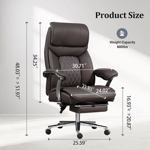 كرسي مكتب كبير وطويل، كرسي مكتب تنفيذي ذو مقعد واسع مع دعم قطني ومسند للرأس، كرسي مكتب مريح للخدمة الشاقة بوزن 600 رطل، كرسي جلدي فاخر مع مسند للساقين in Kuwait