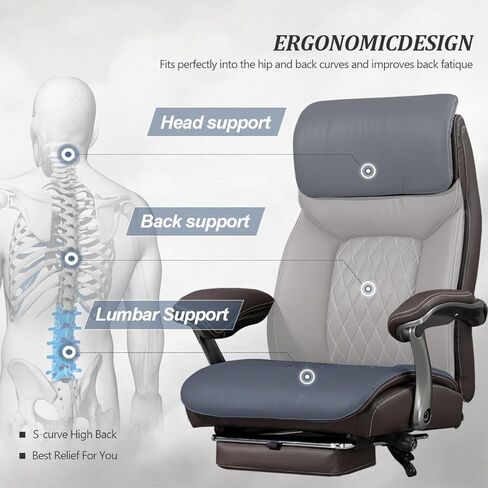 كرسي مكتب كبير وطويل، كرسي مكتب تنفيذي ذو مقعد واسع مع دعم قطني ومسند للرأس، كرسي مكتب مريح للخدمة الشاقة بوزن 600 رطل، كرسي جلدي فاخر مع مسند للساقين in Kuwait