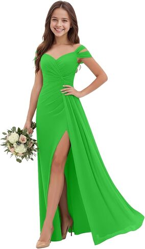 Off Shoulder Junior Bridesmaid Dresses Pleated Chiffon Flower Girl Dress for Wedding V-Neck Girls Formal Dresses in Saudi Arabia