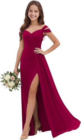 Off Shoulder Junior Bridesmaid Dresses Pleated Chiffon Flower Girl Dress for Wedding V-Neck Girls Formal Dresses in Saudi Arabia