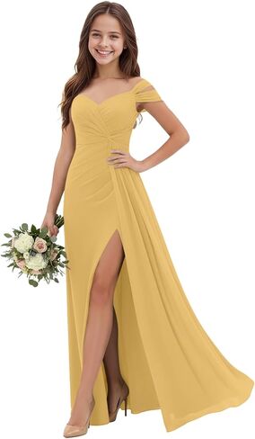Off Shoulder Junior Bridesmaid Dresses Pleated Chiffon Flower Girl Dress for Wedding V-Neck Girls Formal Dresses in Saudi Arabia