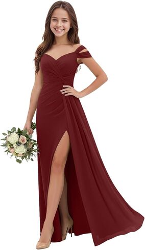 Off Shoulder Junior Bridesmaid Dresses Pleated Chiffon Flower Girl Dress for Wedding V-Neck Girls Formal Dresses in Saudi Arabia