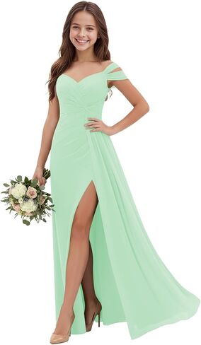 Off Shoulder Junior Bridesmaid Dresses Pleated Chiffon Flower Girl Dress for Wedding V-Neck Girls Formal Dresses in Saudi Arabia
