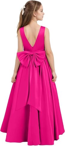 فساتين فتاة الزهرة من الساتان لحفلات الزفاف بعقدة على شكل فيونكة بدون ظهر فستان رسمي للفتيات in Kuwait